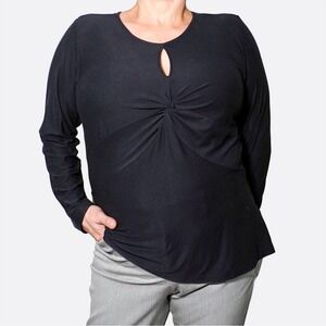 Black Long Sleeve Twist Front Top XL 1X Plus Size Keyhole Blouse Soft Stretch